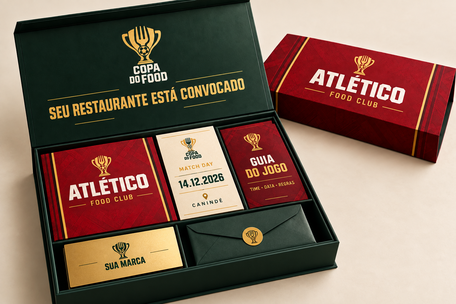 Conceito da caixa de convocação Copa do Food, com informações para o restaurante